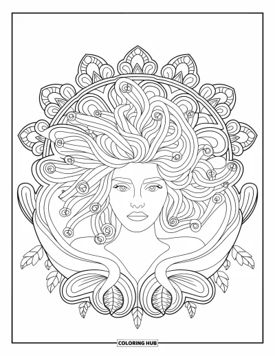 Dibujo de Medusa para colorear para adultos: El cabello de serpientes en espiral rodea a Medusa en el centro de una mandala floral