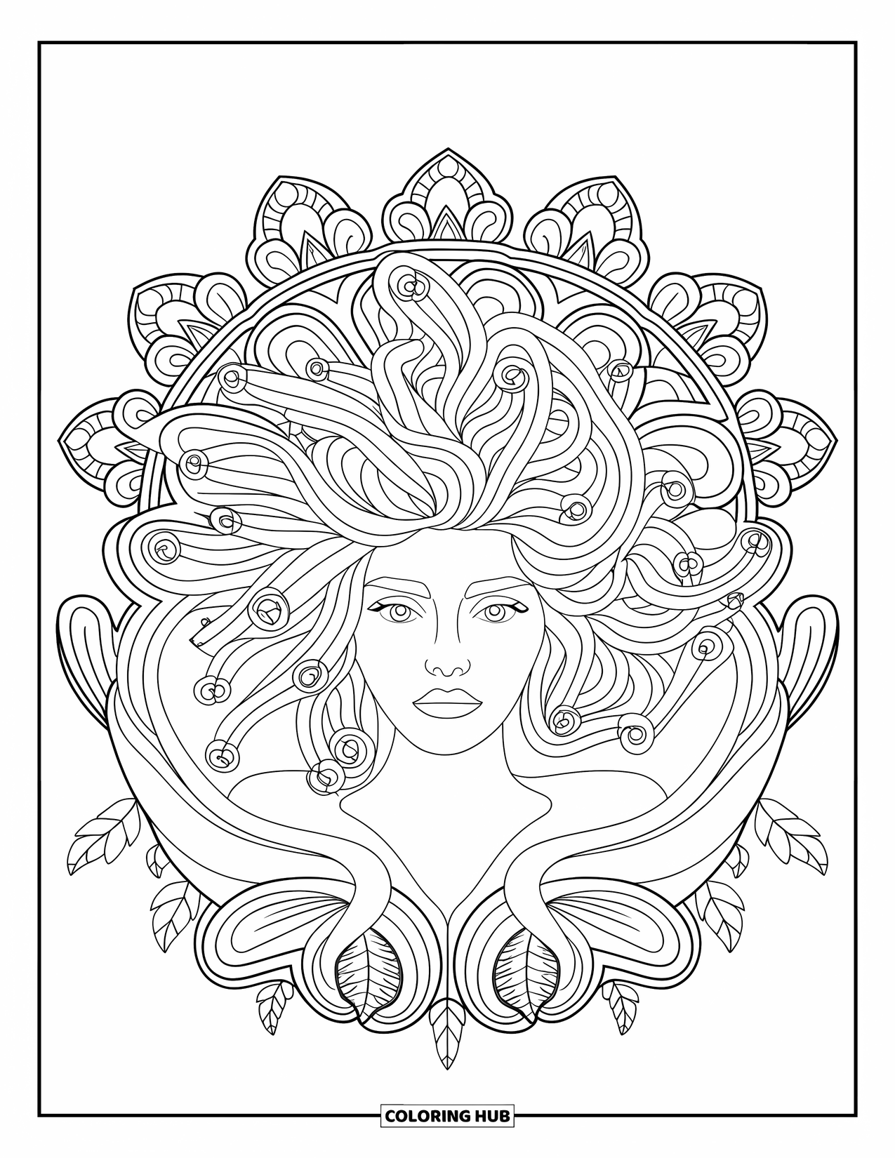 Medusa Coloring Page for Adults: Swirling snake hair surrounds Medusa at the center of a floral mandala