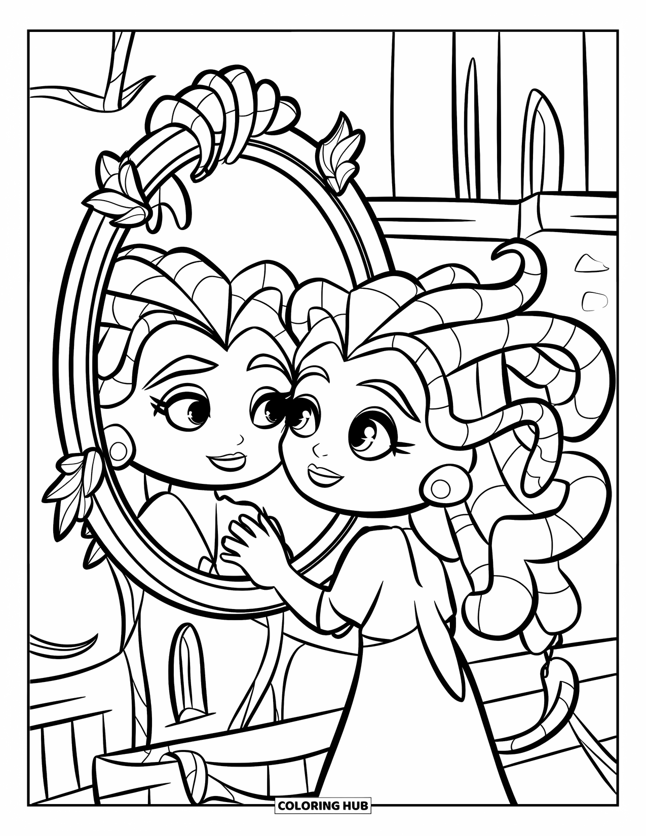 Medusa Coloring Page for Kids: A dragon appears in Medusaís magical mirror framed by castle towers