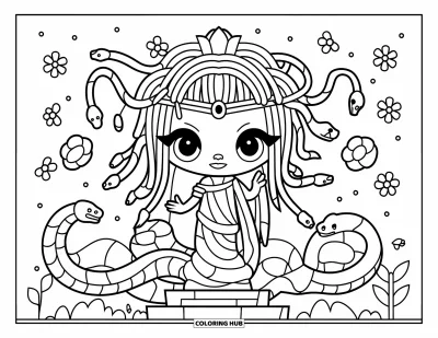Dibujo de Medusa para colorear para niños: Medusa coronada está sobre un pedestal rodeada de flores y serpientes alegres
