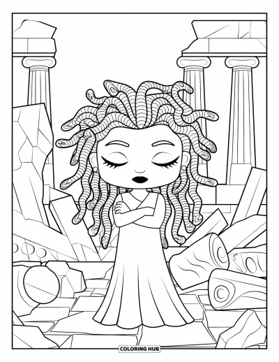 Dibujo de Medusa para colorear para niños: Medusa cruza los brazos junto a estatuas rotas con los ojos cerrados