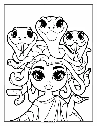 Dibujo de Medusa para colorear para niños: Medusa tiene tres serpientes graciosas como cabello que hacen caras divertidas