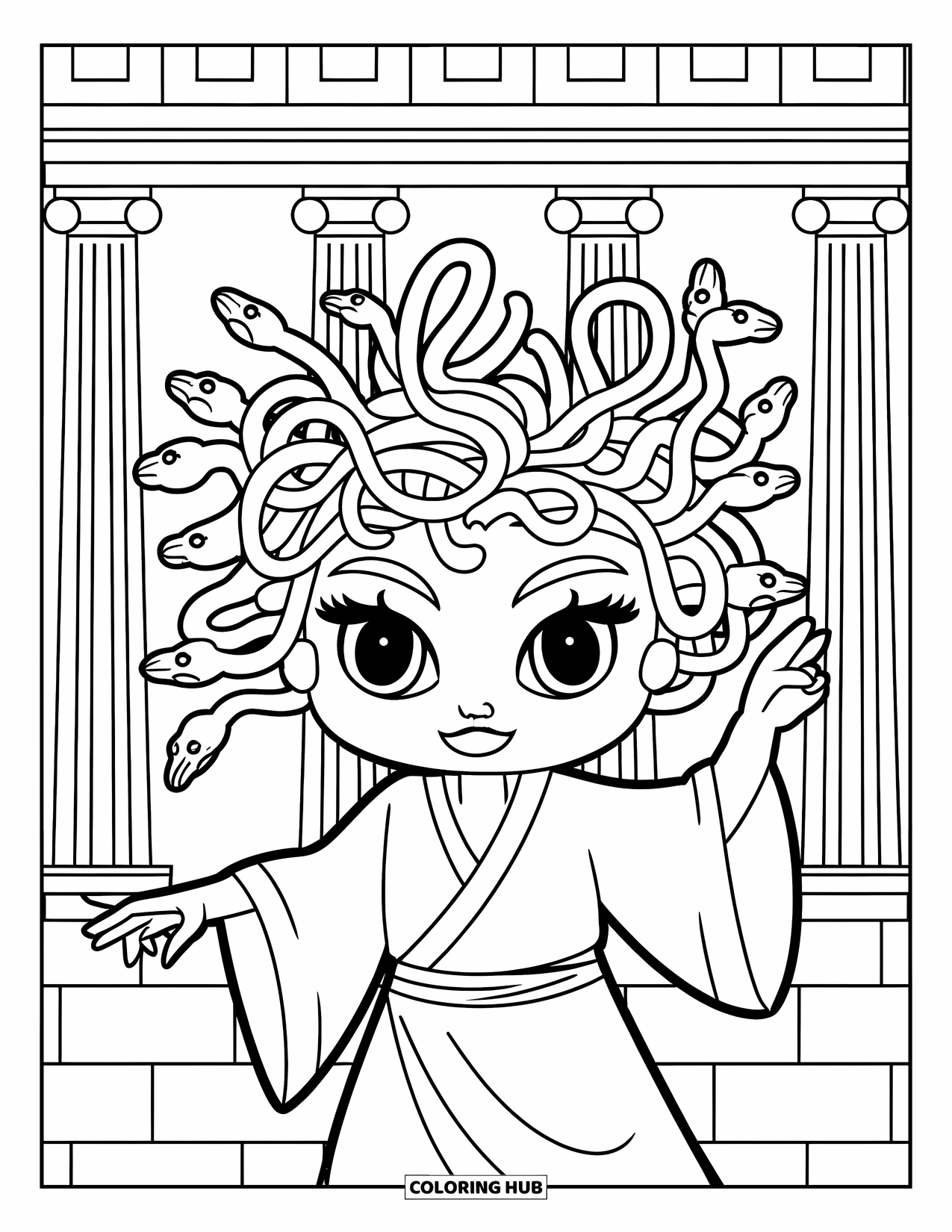 Medusa Coloring Page for Kids: Medusa lifts her hands casting a spell in a temple with columns