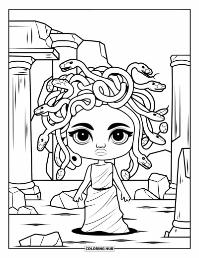 Dibujo de Medusa para colorear para niños: Medusa posa ante ruinas antiguas con grandes pilares y paredes derrumbadas
