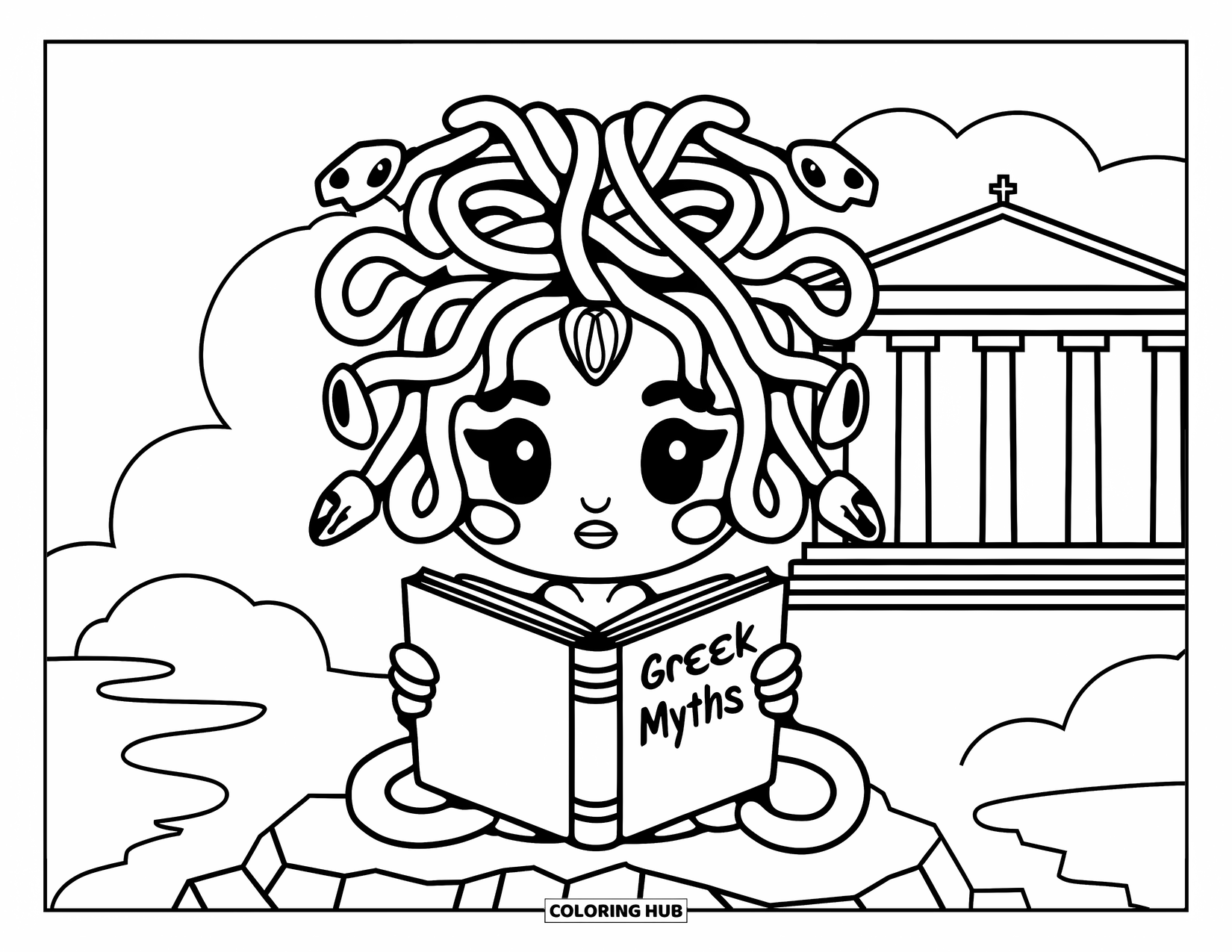Medusa Coloring Page for Kids: Medusa reads a book near a Greek temple with snakes curling gently