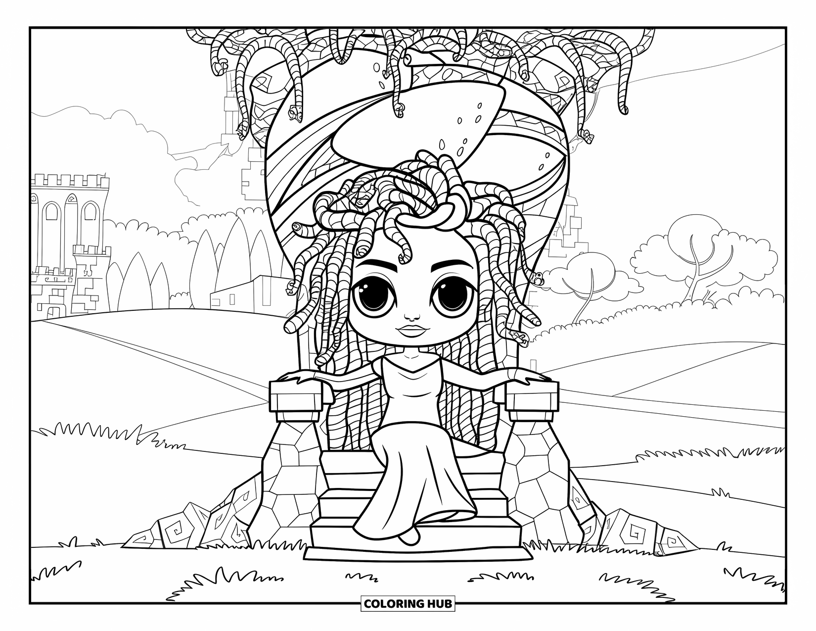 Medusa Coloring Page for Kids: Medusa sits on a vine and stone throne in a grassy field near a castle