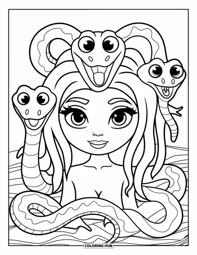 Dibujo de Medusa para colorear para niños: Medusa sonríe con suavidad mientras sus graciosas serpientes muestran caritas de ojos bien abiertos