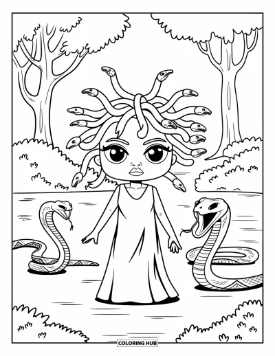 Dibujo de Medusa para colorear para niños: Medusa está entre árboles con serpientes alertas enroscándose en todas direcciones