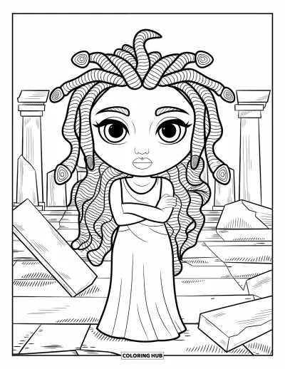 Dibujo de Medusa para colorear para niños: Medusa se yergue con determinación en un templo en ruinas rodeada de estatuas destrozadas