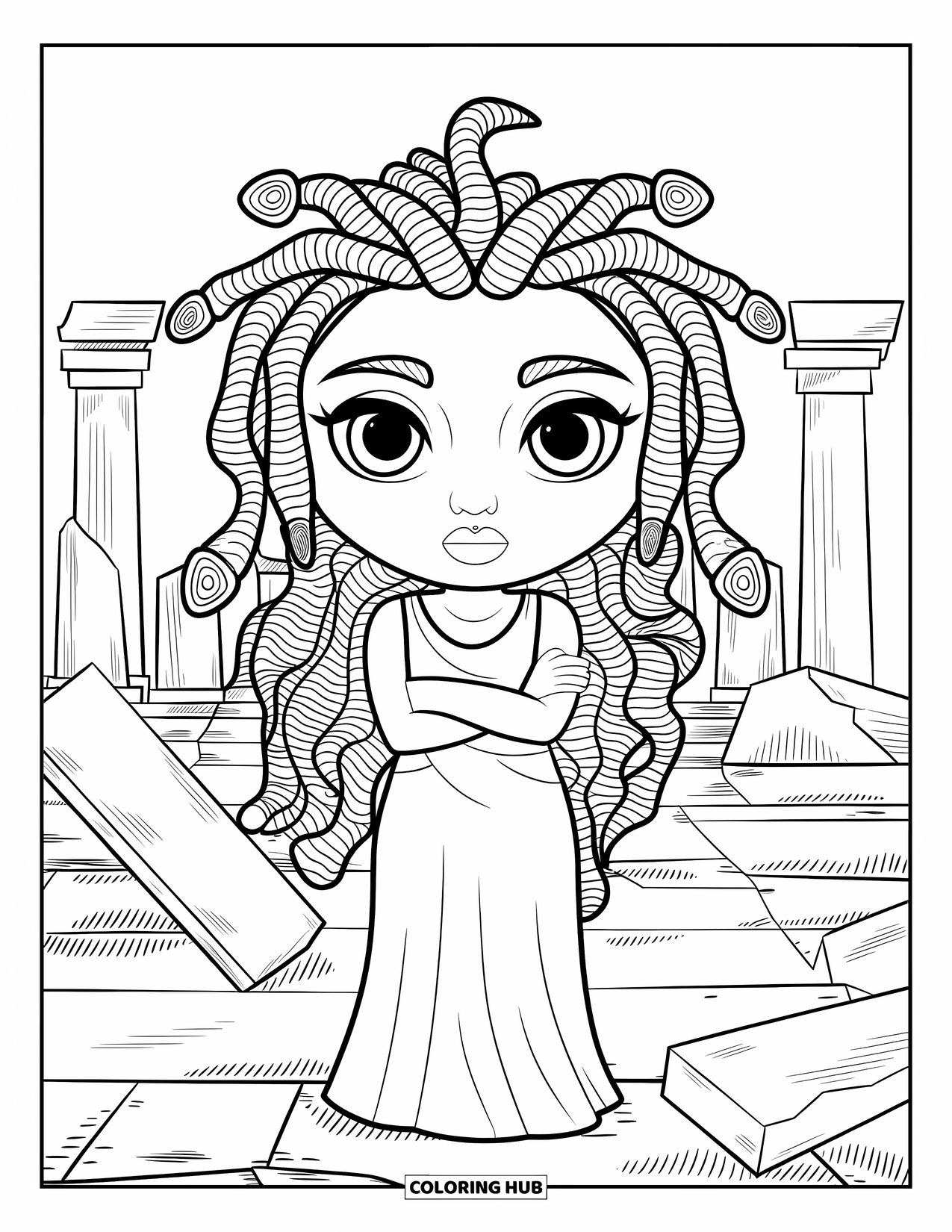Medusa Coloring Page for Kids: Medusa stands boldly in a ruined temple surrounded by shattered statues