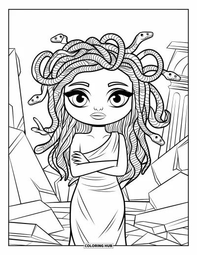 Dibujo de Medusa para colorear para niños: Medusa se para con confianza frente a estatuas rotas en un templo en ruinas