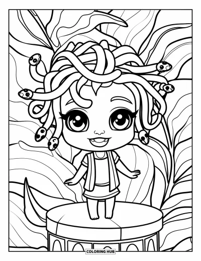 Dibujo de Medusa para colorear para niños: Medusa está sobre un pedestal con una sonrisa y cabello de serpientes corto