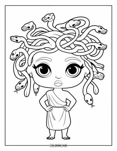 Dibujo de Medusa para colorear para niños: Medusa está orgullosa con su cabello de serpientes y una túnica sencilla