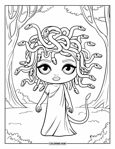 Dibujo de Medusa para colorear para niños: Medusa está en silencio en un bosque con el cabello de serpientes enroscado y trazos firmes