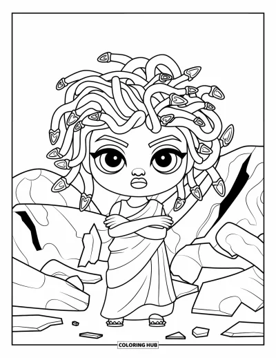 Dibujo de Medusa para colorear para niños: Medusa está con los brazos cruzados junto a estatuas rotas en estilo chibi marcado