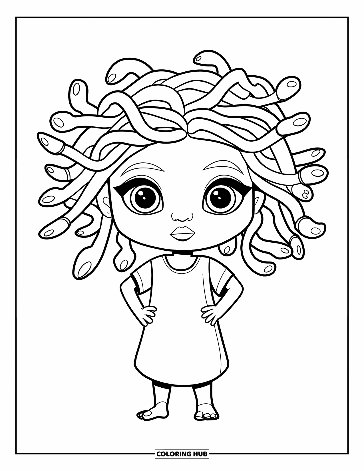 Medusa Coloring Page for Kids: Medusa stands with hands on her hips in a simple tunic