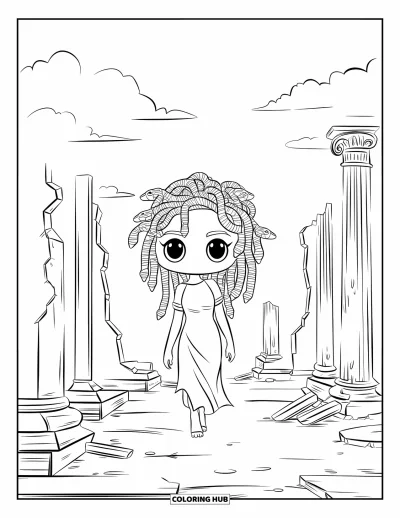 Dibujo de Medusa para colorear para niños: Medusa camina junto a ruinas caídas bajo un cielo nublado en serena quietud