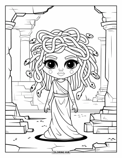 Dibujo de Medusa para colorear para niños: Medusa con cabello de serpientes está frente a columnas en ruinas bajo un cielo despejado