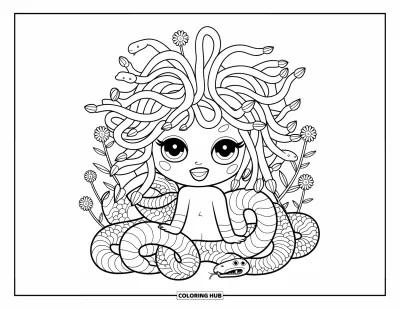 Dibujo de Medusa para colorear para niños: Medusa sonriente está rodeada de flores y simpáticas serpientes enroscadas
