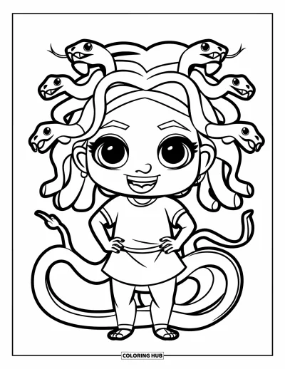 Dibujo de Medusa para colorear para niños: Medusa sonriente está con las manos en las caderas y dos traviesons mechones de serpientes