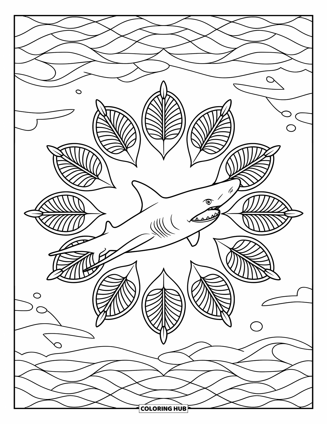 Megalodon Shark Coloring Page for Adults: A centered megalodon floats with circular sea plant mandalas around it