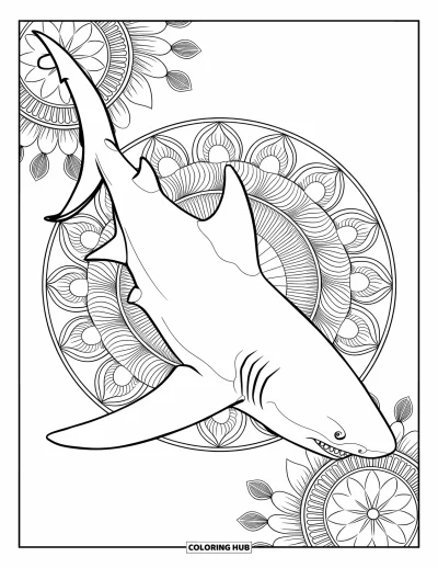 Yetişkinler için Megalodon Köpekbalığı Boyama Sayfası: Çapraz konumlu bir megalodon sakin bir denizde çiçekli mandalalar arasında süzülüyor