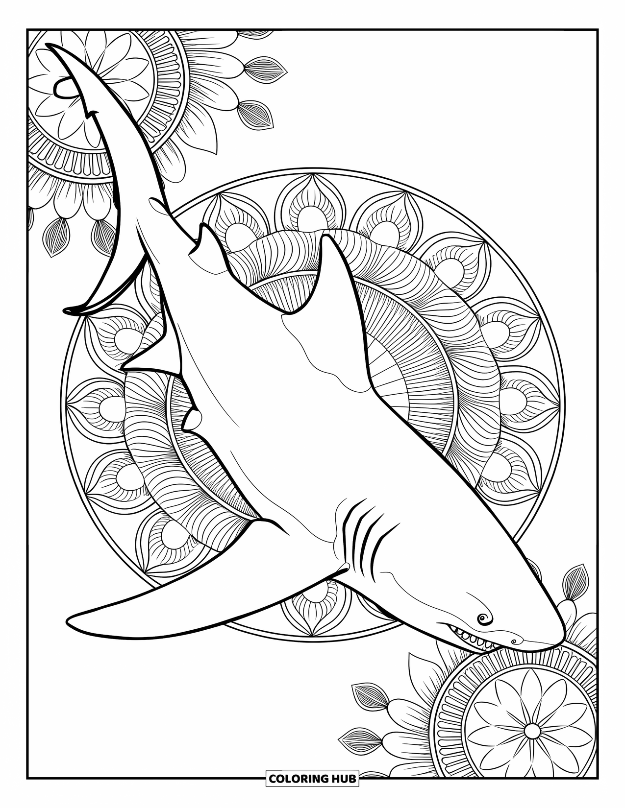 Megalodon Shark Coloring Page for Adults: A diagonal megalodon glides through floral mandalas in a calm sea