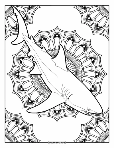 Yetişkinler için Megalodon Köpekbalığı Boyama Sayfası: Çapraz konumda bir megalodon spiralli çiçekli mandalalarla çevrili