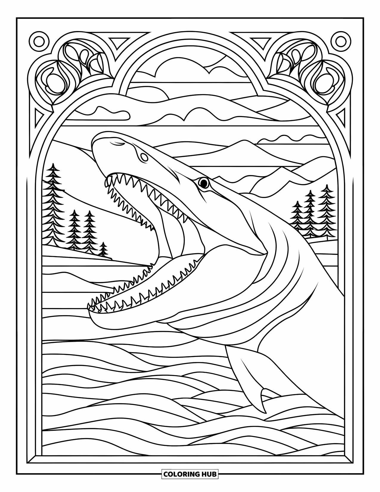 Megalodon Shark Coloring Page for Adults: A front-facing megalodon swims through stained glass patterns and a peaceful landscape