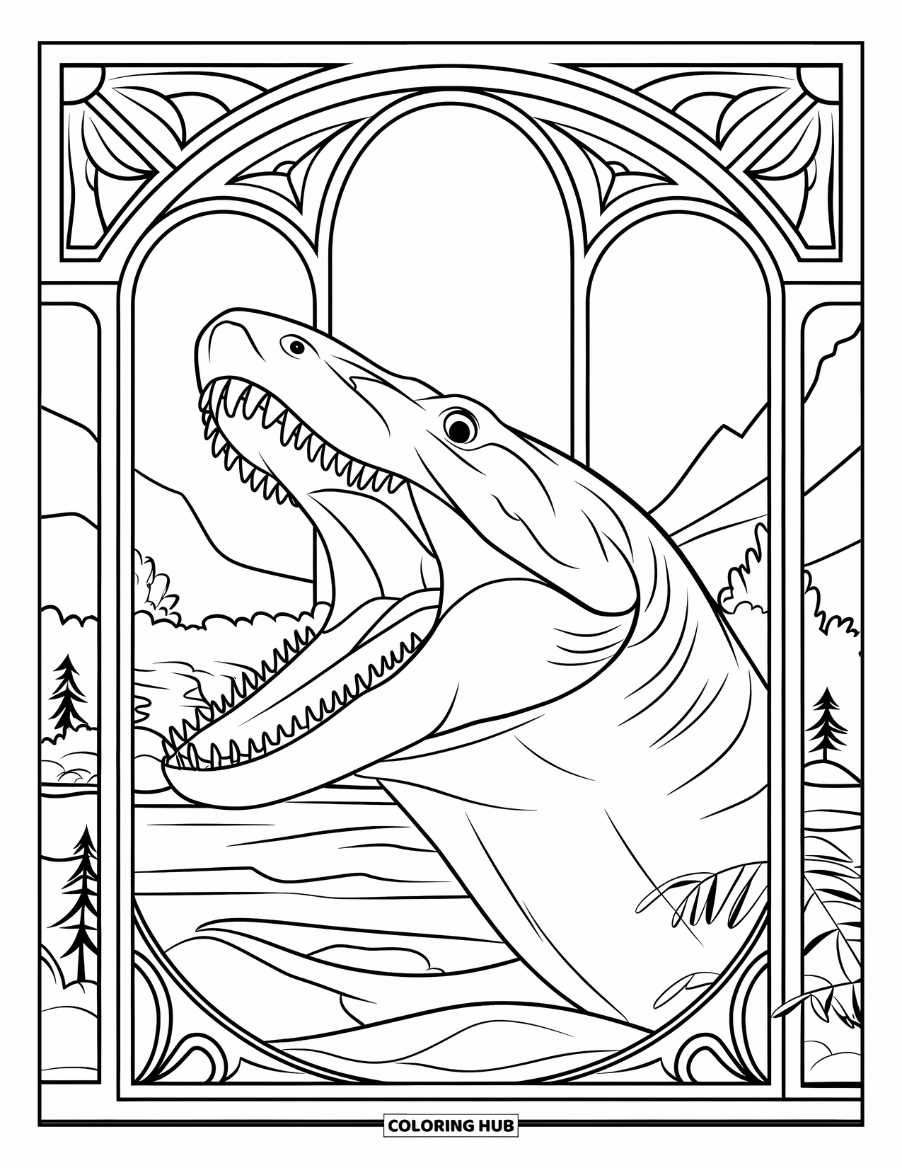 Megalodon Shark Coloring Page for Adults: A head-on megalodon with open jaws sits inside a stained glass window design