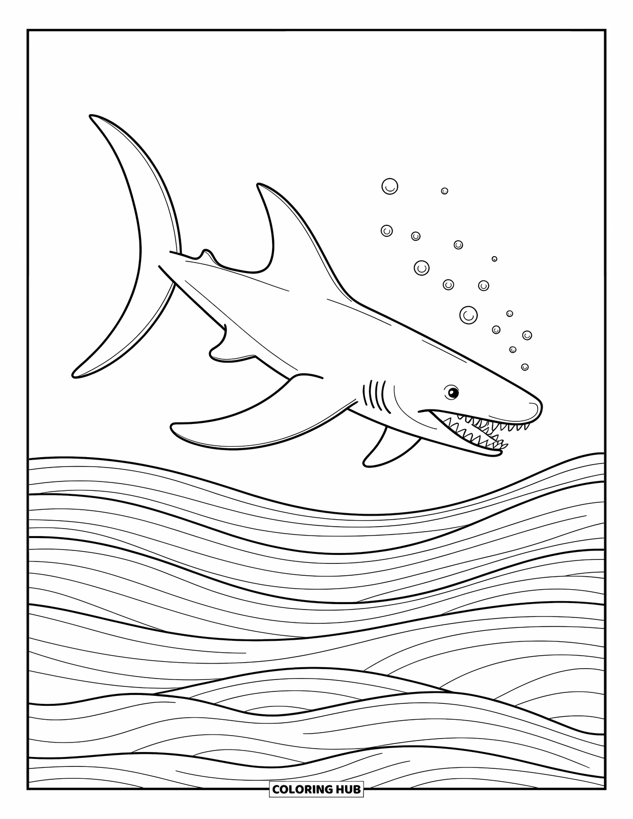 Megalodon Shark Coloring Page for Adults: A huge megalodon swims calmly through open sea, with soft waves and gentle bubbles nearby