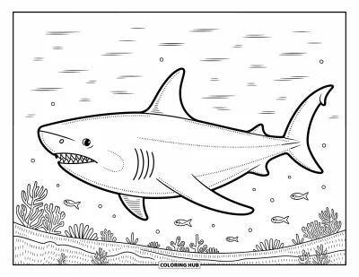Yetişkinler için Megalodon Köpekbalığı Boyama Sayfası: Devasa bir megalodon dokulu mercan tabanı üzerinde derin sakin sularda dikey bir şekilde dinleniyor