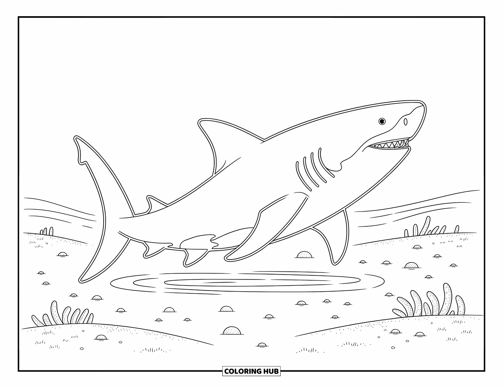 Megalodon Shark Coloring Page for Adults: A massive megalodon turns mid-swim in sunny shallows above swirled sand and scattered pebbles