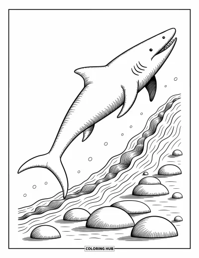 Yetişkinler için Megalodon Köpekbalığı Boyama Sayfası: Bir megalodon kayalık bir sırtın boyunca ilerliyor, parlak sularda sakin bir şekilde yüzüyor