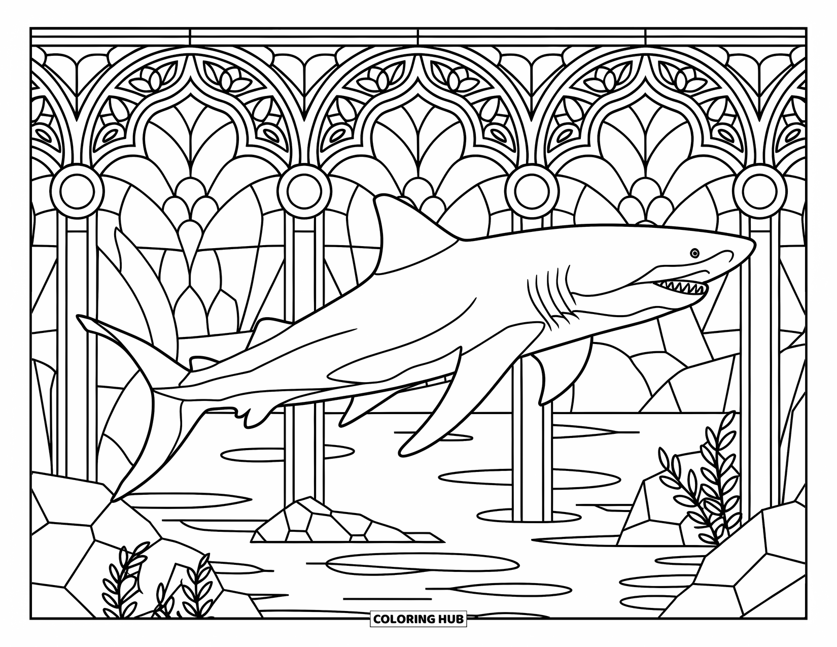 Megalodon Shark Coloring Page for Adults: A megalodon jumps from calm waters through elegant stained glass arches