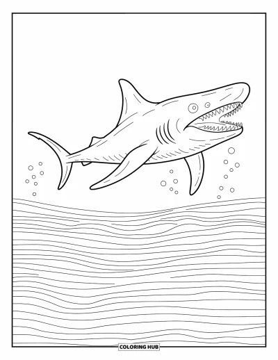 Yetişkinler için Megalodon Köpekbalığı Boyama Sayfası: Bir megalodon yumuşak ışıkla aydınlanan sakin okyanus dalgalarında ilerliyor, etrafında küçük canlılar var