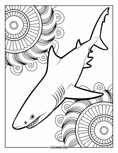 Yetişkinler için Megalodon Köpekbalığı Boyama Sayfası: Bir megalodon çevresindeki dönen çiçekli mandalalarla birlikte çapraz bir açıyla yüzüyor
