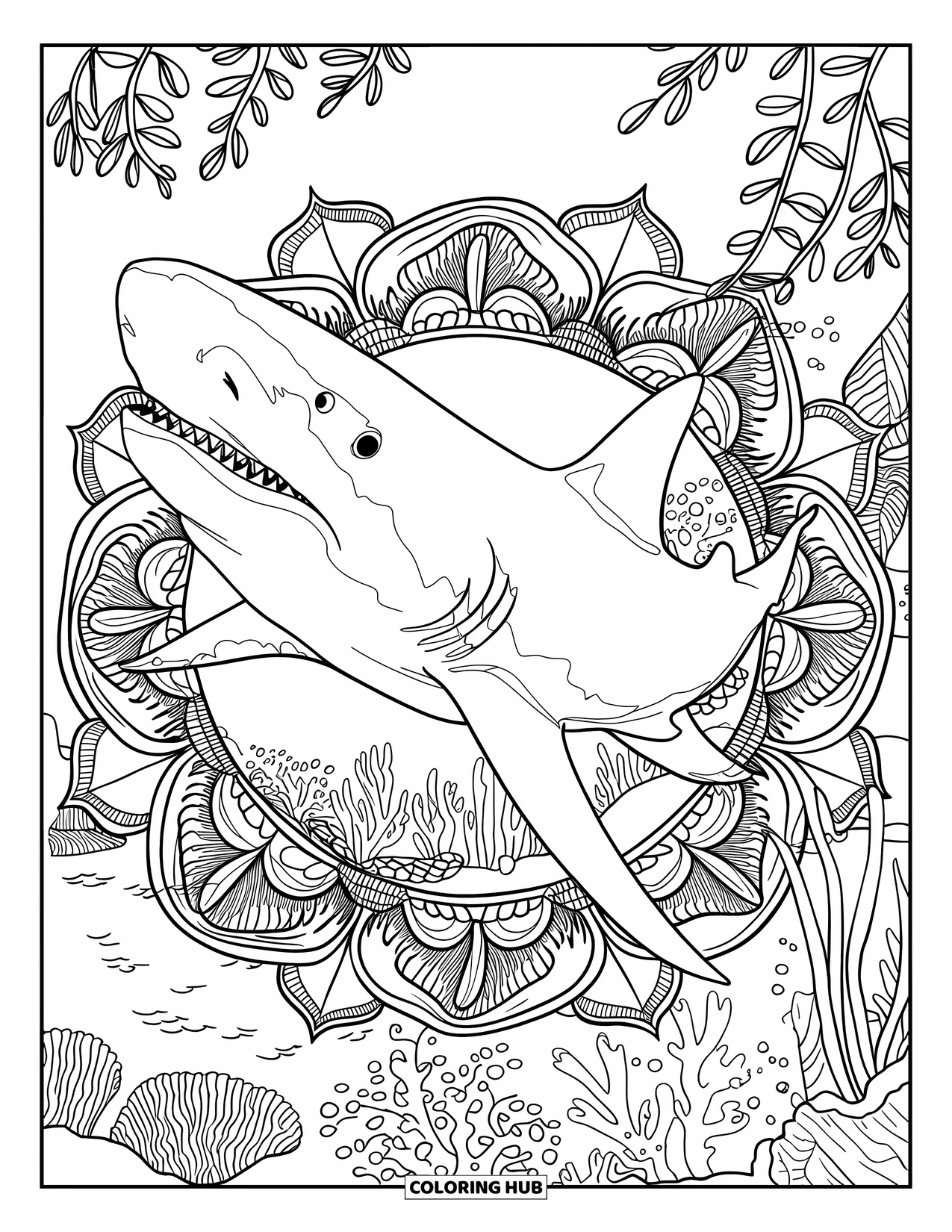 Megalodon Shark Coloring Page for Adults: A megalodon swims in a lush ocean scene with floral mandalas and calm waters