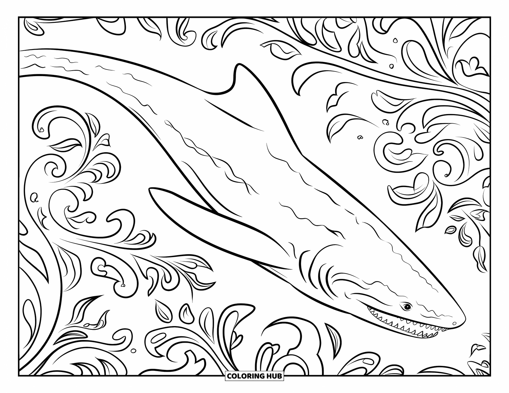 Megalodon Shark Coloring Page for Adults: A megalodon swims straight upward, surrounded by swirling floral patterns
