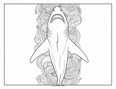 Yetişkinler için Megalodon Köpekbalığı Boyama Sayfası: Keskin dişli bir megalodon çiçek kıvrımları arasında yukarı doğru yüzüyor