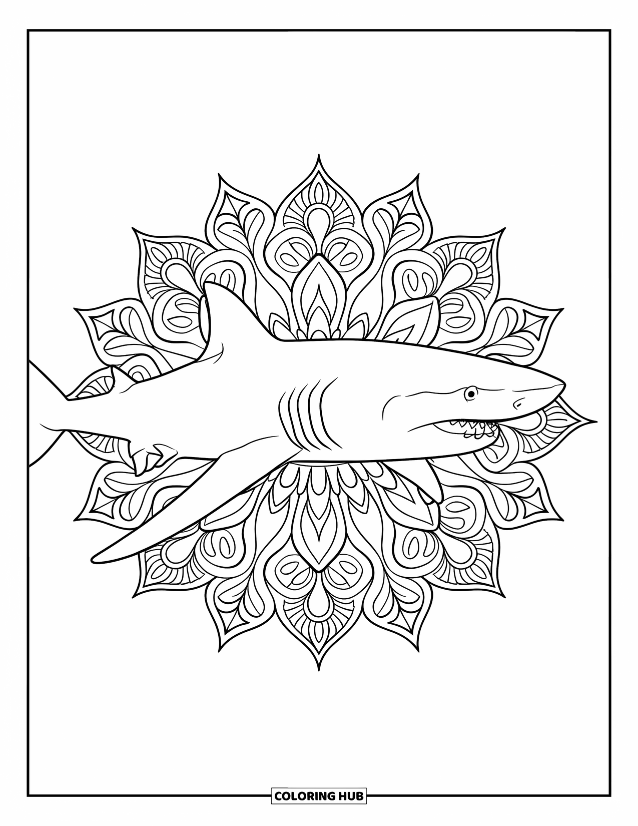 Megalodon Shark Coloring Page for Adults: A side-view megalodon swims through a floral mandala filled with plants