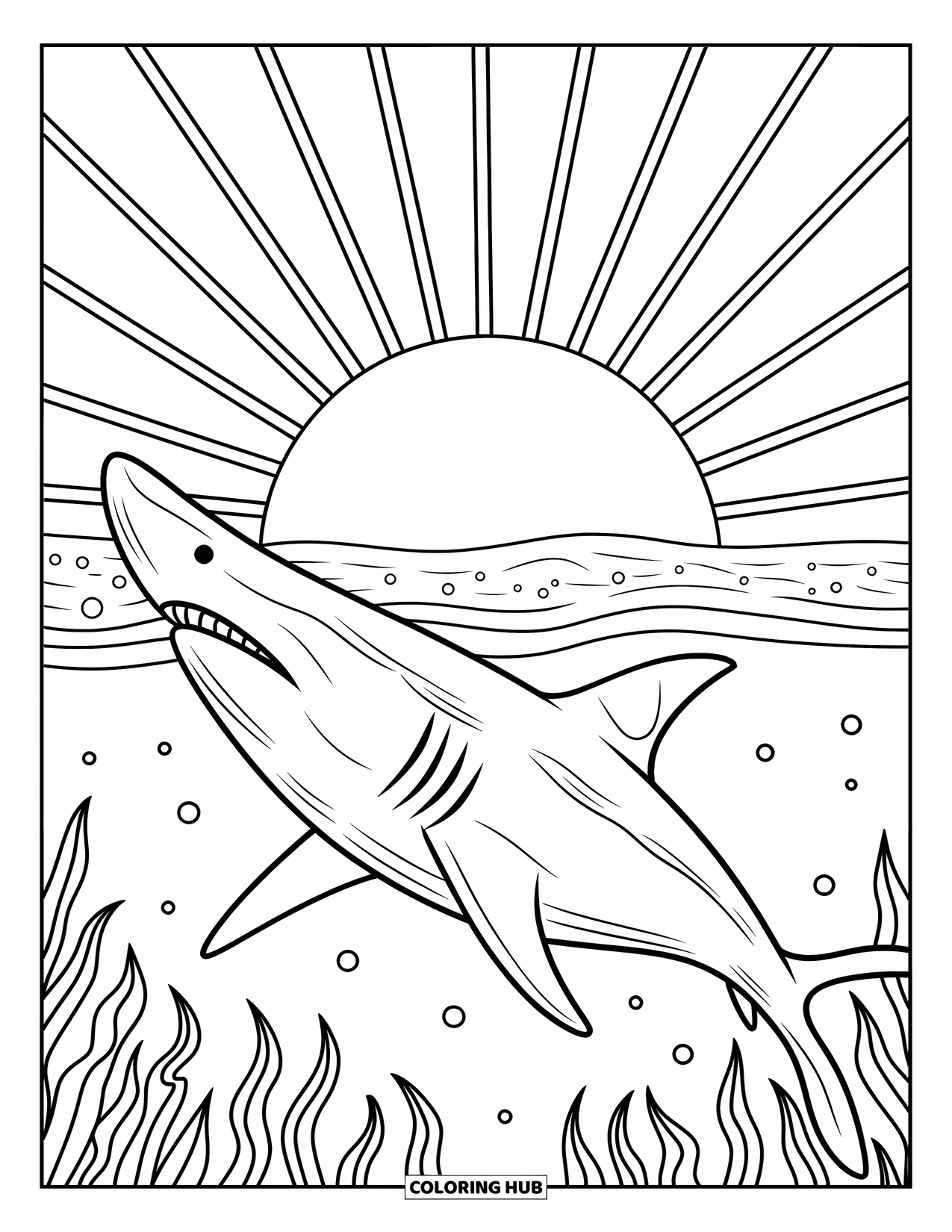 Megalodon Shark Coloring Page for Adults: A sunrise glow highlights a peaceful megalodon swimming slowly near the water's calm surface