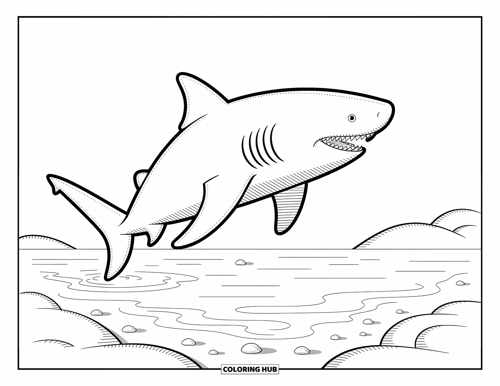 Megalodon Shark Coloring Page for Adults: A turning megalodon glides through golden waters, its tail swirling sand and scattered pebbles