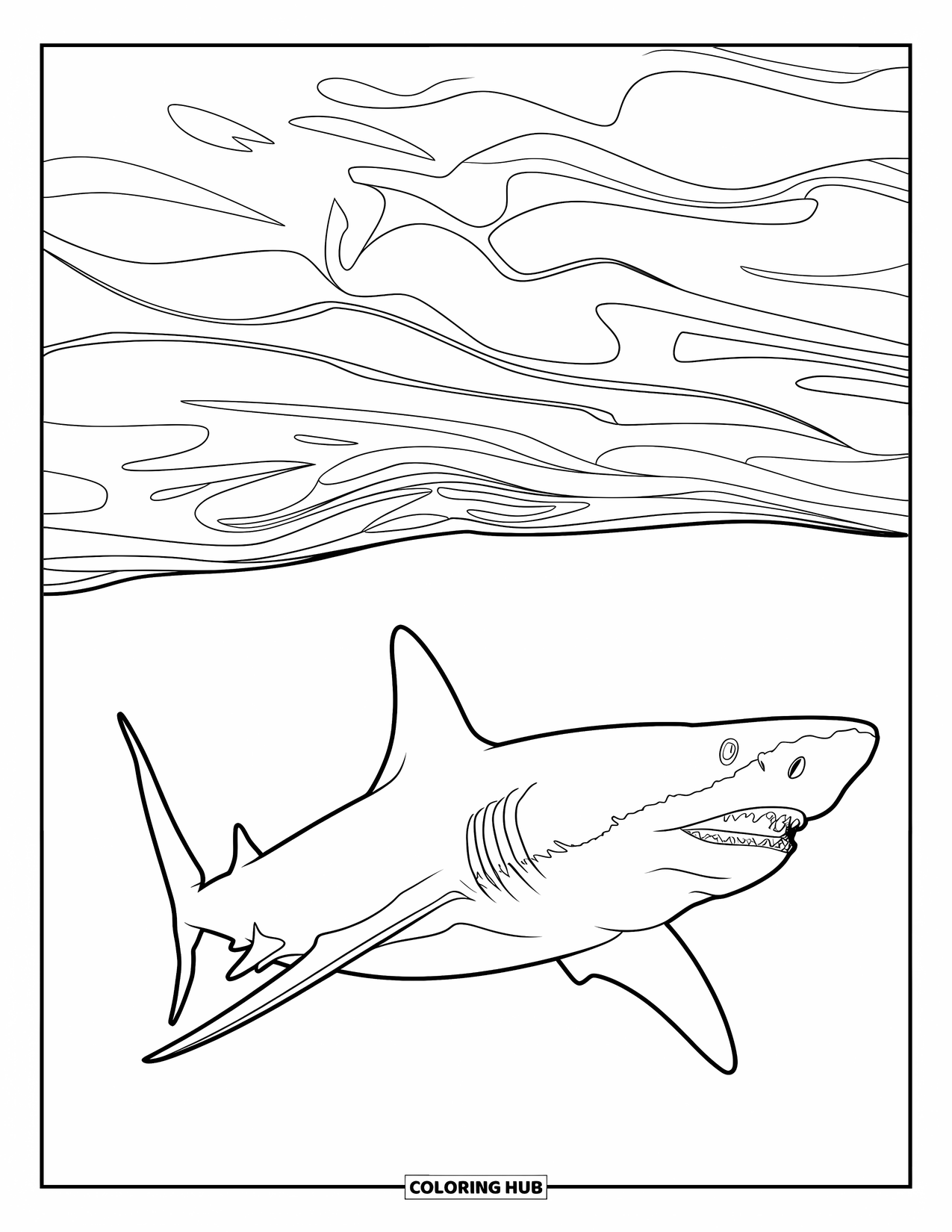 Megalodon Shark Coloring Page for Kids: A bold shark shape floats under wave lines in calm water
