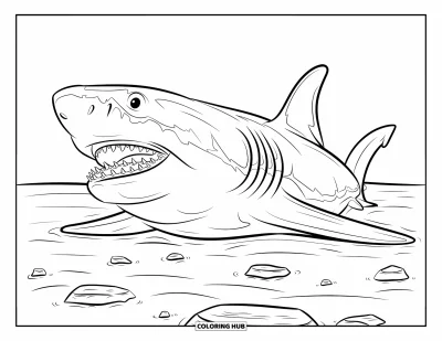 Çocuklar için Megalodon Köpekbalığı Boyama Sayfası: Sakin bir megalodon su altı kayalarının ve deniz bitkilerinin yakınında asılı duruyor