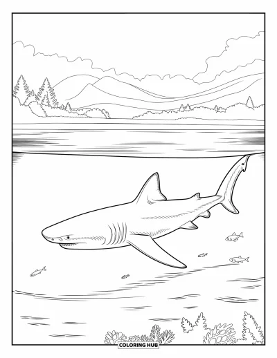 Çocuklar için Megalodon Köpekbalığı Boyama Sayfası: Büyük bir köpekbalığı berrak suda balıklar ve dağ manzarası eşliğinde yüzüyor