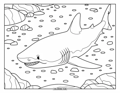 Çocuklar için Megalodon Köpekbalığı Boyama Sayfası: Bir megalodon okyanus tabanındaki dağınık kayaların üzerinde süzülüyor