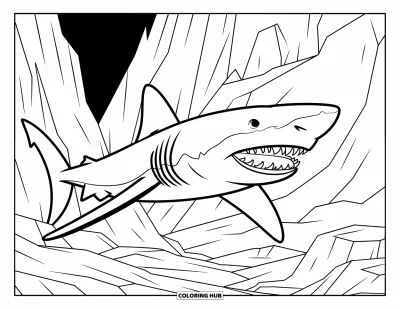 Çocuklar için Megalodon Köpekbalığı Boyama Sayfası: Bir megalodon sivri kayaların ve dik su altı uçurumlarının yanından geçerek ilerliyor