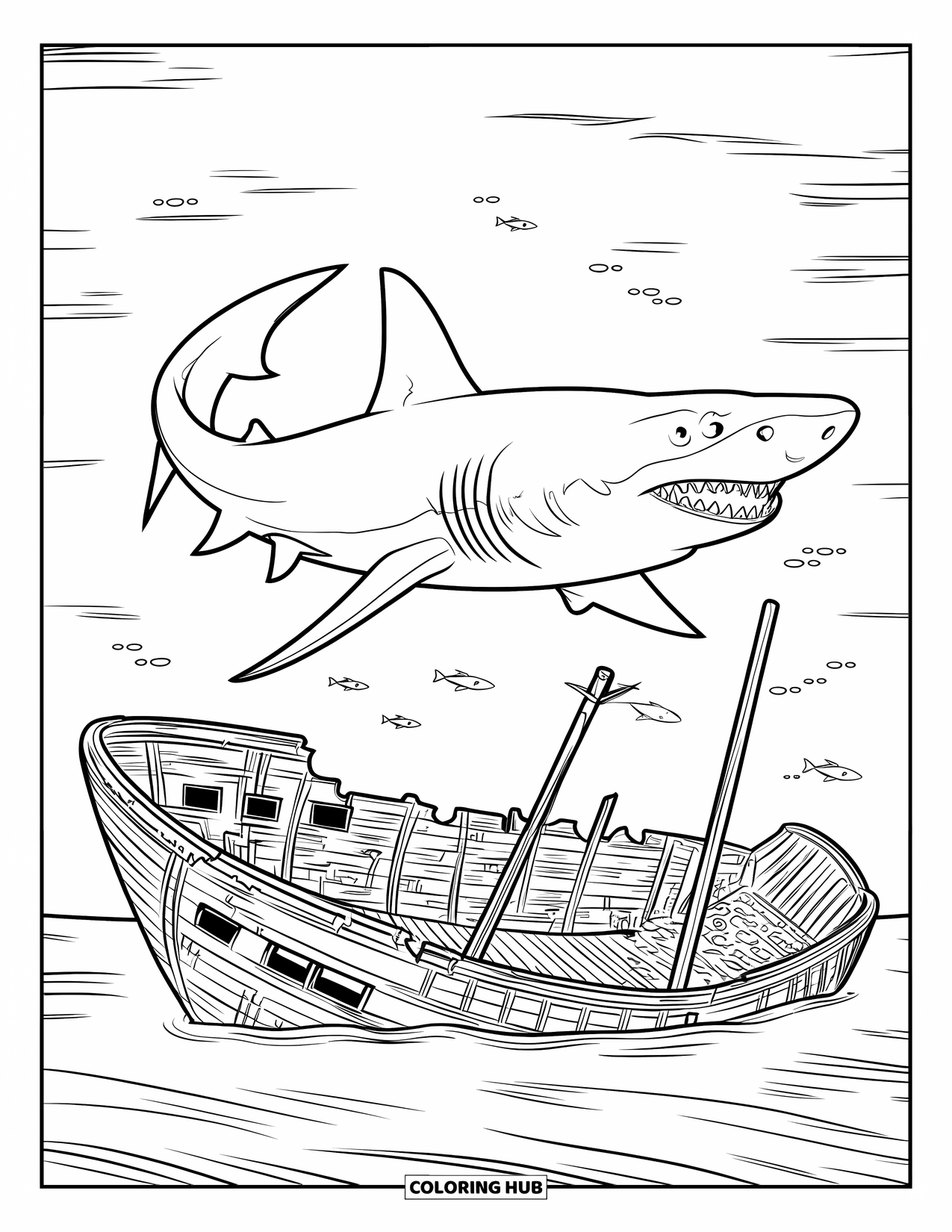 Megalodon Shark Coloring Page for Kids: A megalodon hovers over a shipwreck with scattered planks and fish