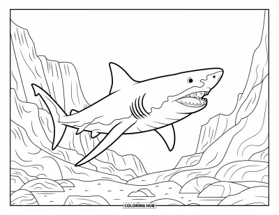 Çocuklar için Megalodon Köpekbalığı Boyama Sayfası: Bir megalodon su altındaki kayalık uçurumların yanından geçiyor, çenesi açık